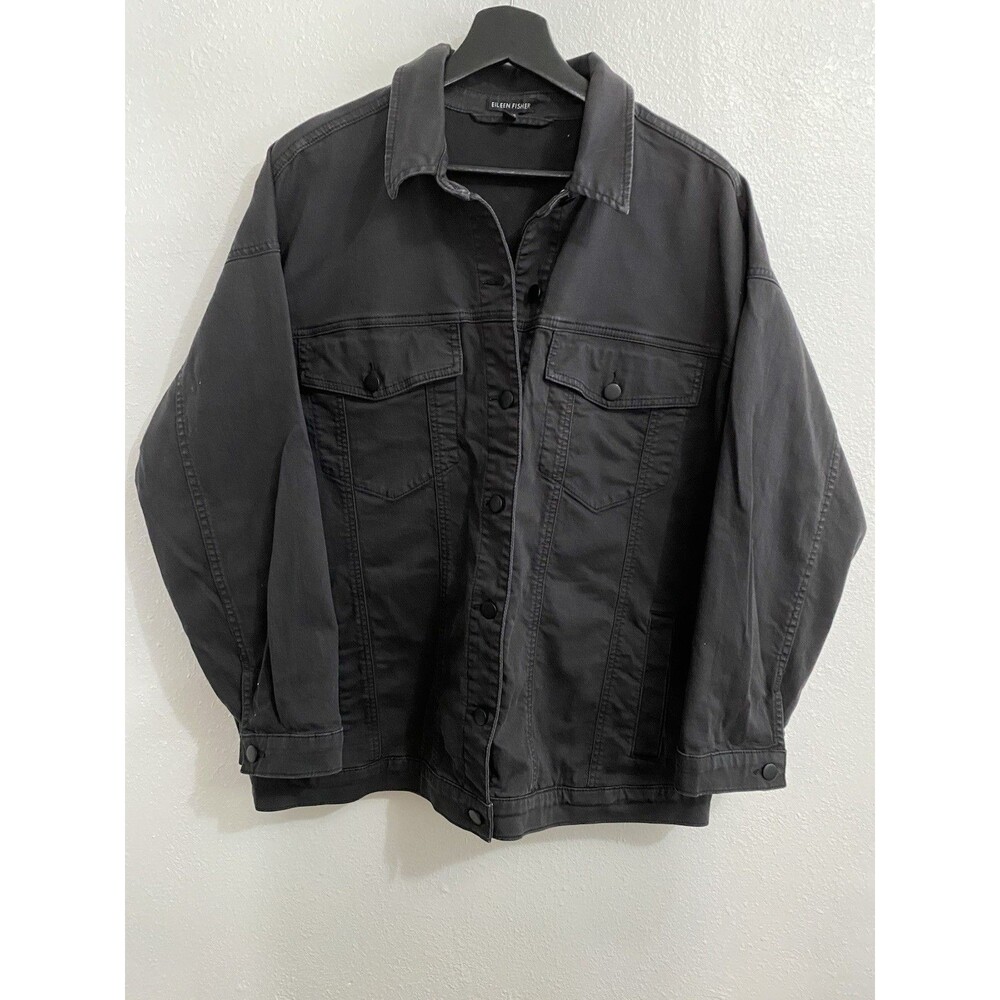 Eileen Fisher Organic Cotton Black Trucker Jacket Sz L